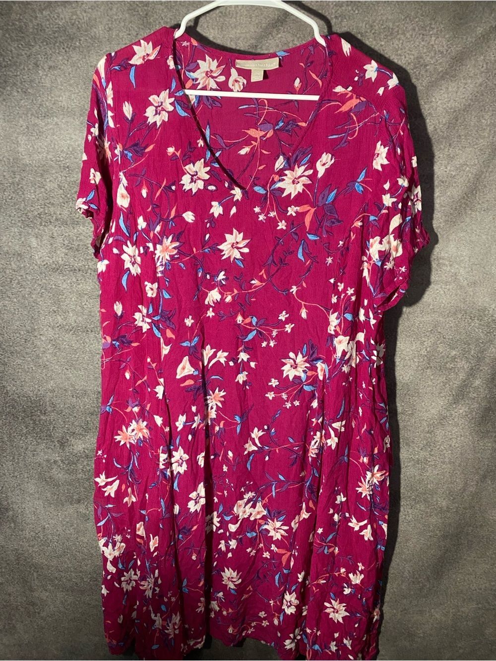 Woman Within 22W Dress Pink Magenta Floral V-Neck Short Sleeve Crinkle